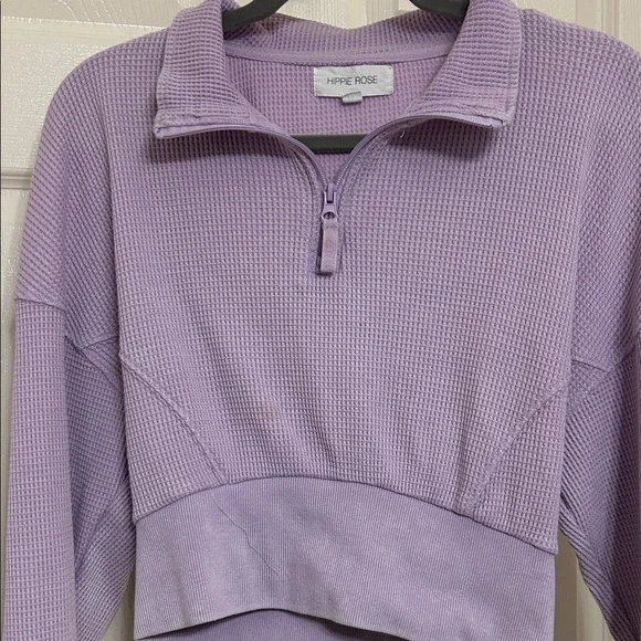 Hippie Rose Lavender Waffle Knit Quarter-Zip Crop Top with Long Sleeves M ptp 21 - Picture 5 of 13